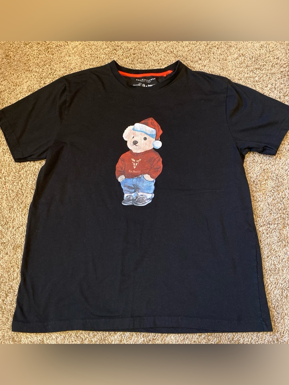 Denim & Flower T Shirt Men's L Ricky Singh Black Santa Bear Christmas Holiday